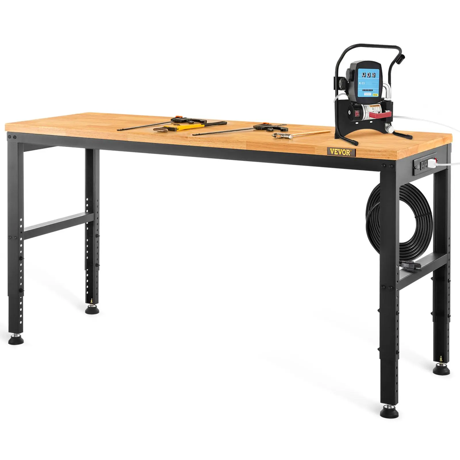 【Back to School Haul】VEVOR Heavy Duty Sturdy Workbench, 48" L x 20" W x 28.3"-38.1" Adjustable Height Garage Table (2000 LBS Load Capacity) with Power Outlets, Hardwood Top, Metal Frame, Foot Pads for Office, Gardening, Hitting