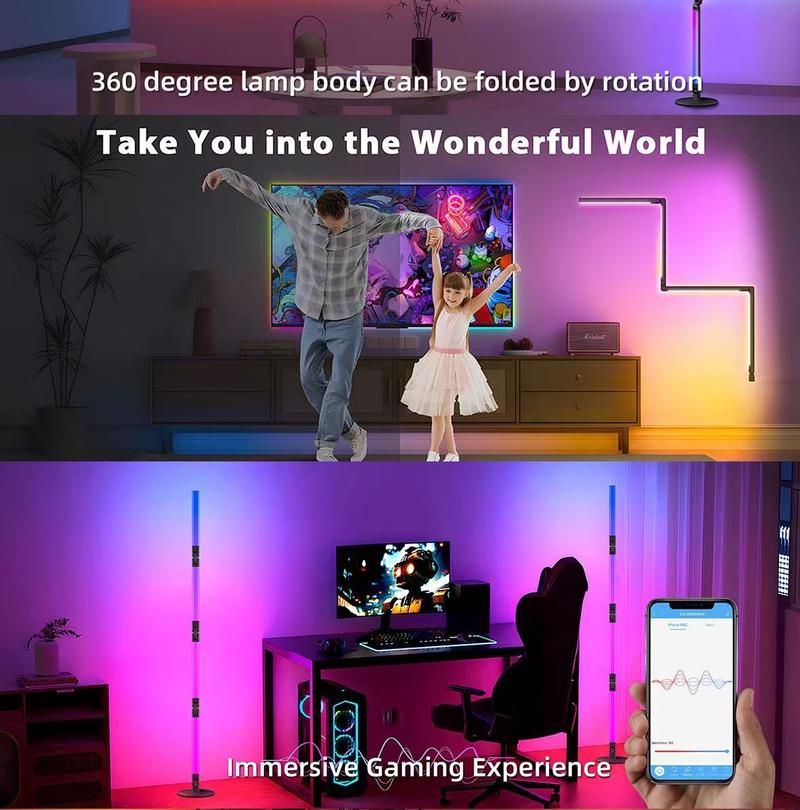 The NEXillumi Smart RGB Floor Lamp supports app and remote control, features a foldable design for DIY customization, a 360° rotating light tube, and music-synchronized timer settings. Suitable for bedrooms, living rooms, home décor, and as a gift.