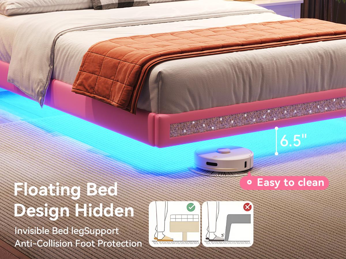 TryLazy Modern Floating Bed Frame with LED Lights, Upholstered Platform Bed Diamond Tufted Headboard, No Box Spring Needed, Noise Free, Easy Assembly