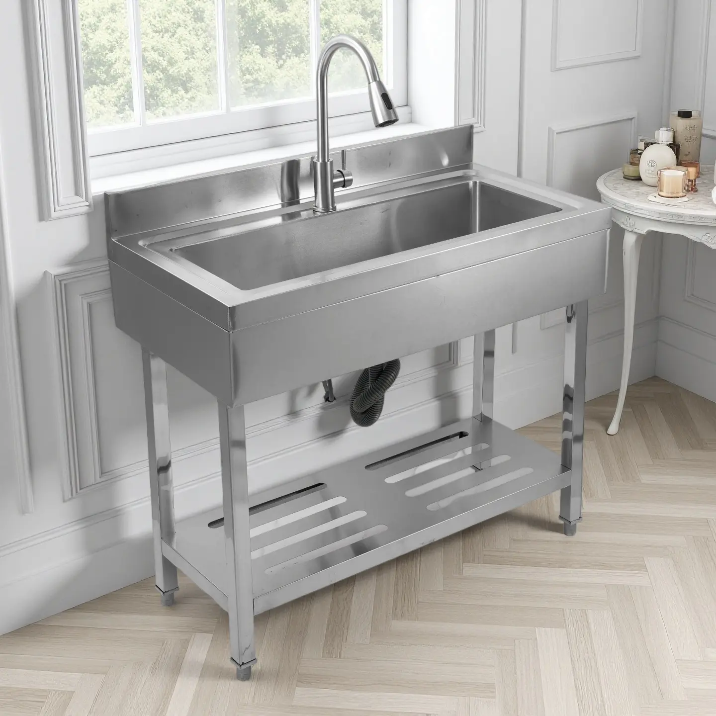 CNCEST 13.2gal Minimalist Stainless Steel Freestanding Single Bowl Commercial-Grade Utility Sink with 360° Pull-Out Faucet, Bottom Shelf, 23.62in Size, Easy Installation for Indoor Use (Basement Laundry Room, Kitchen Counter), Wash Clothes, Rectangle