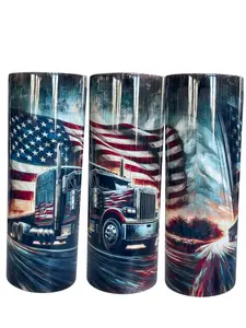 20 ounce Skinny Tumbler, Trucker theme with American flag. Great gift idea. Insulated, stainless steel, keeps beverages hot or cold for hours. Great for on the go hydration.  Clear plastic lid, metal straw, and straw cleaner included.