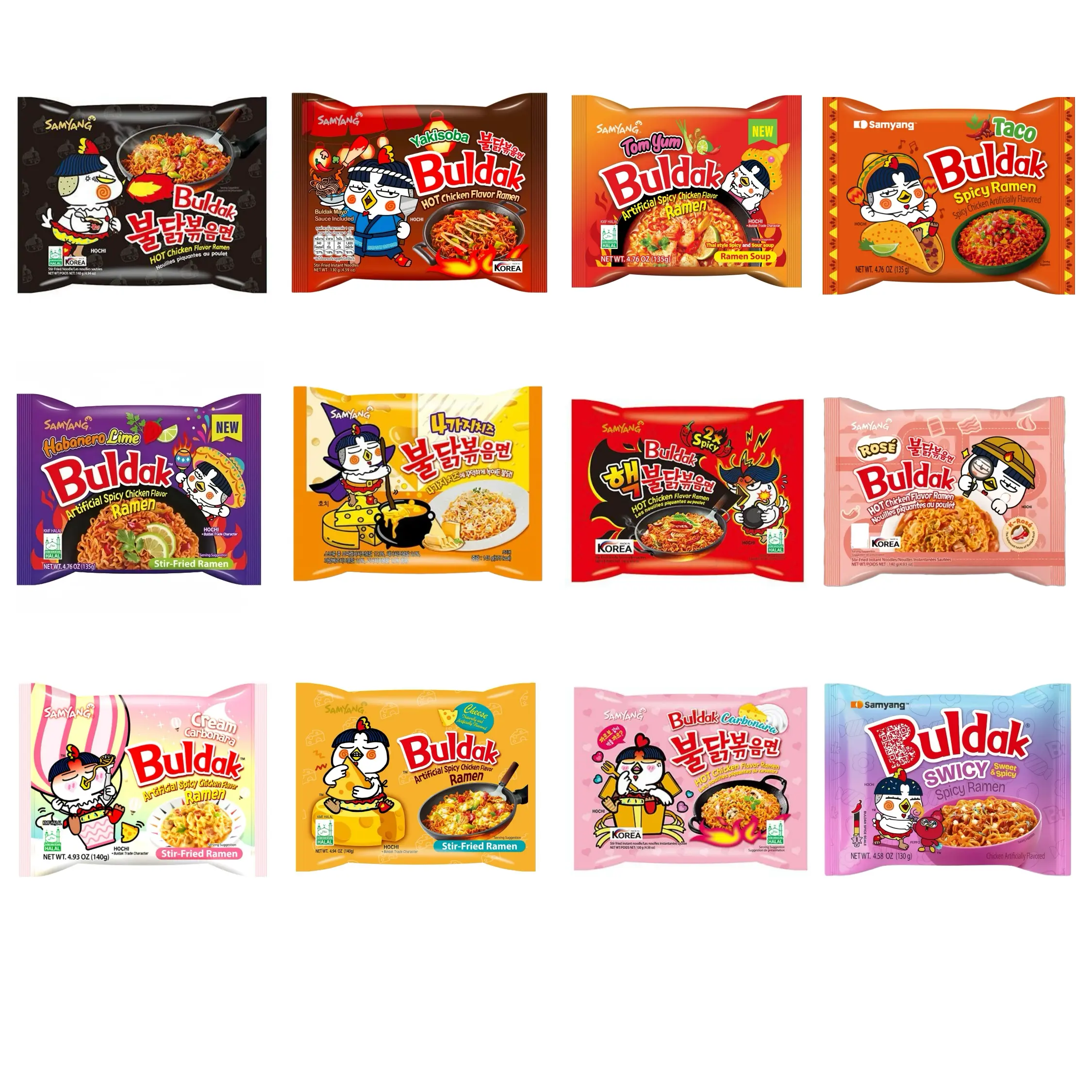 Korean Samyang Spicy Buldak Instant Ramen Variety Pack - 4-6-10-12 Flavors