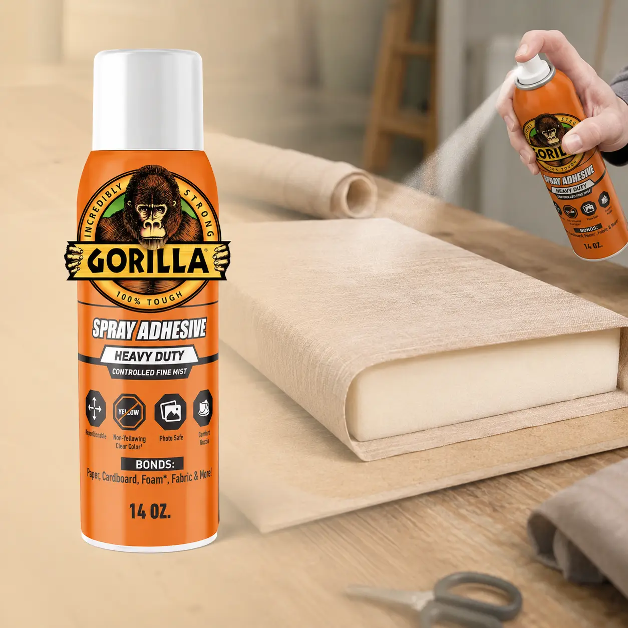 Gorilla 14 oz. Spray Adhesive,multipurpose spray glue,aerosol adhesive,craft projects,DIY repairs,school displays,poster mounting,photo mounting,scrapbooking,card making,foam board,model making,decor projects,10-minute adjustment,one-minute tack,clear dry