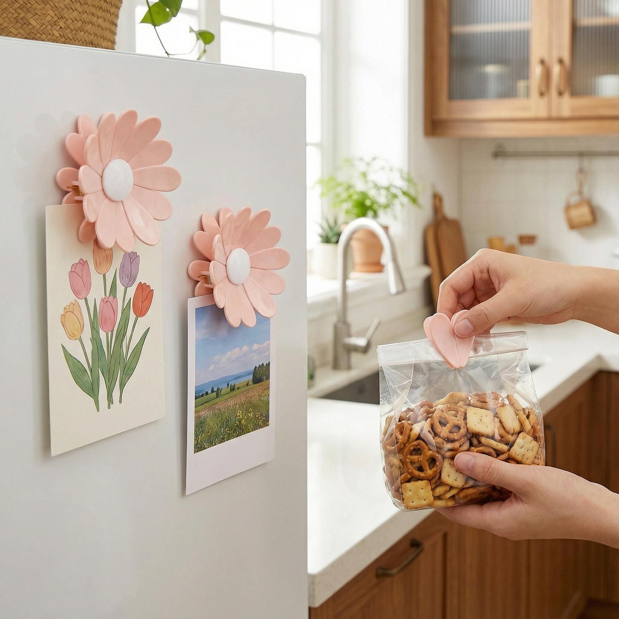 1 Count Magnetic Chip Clips for Refrigerator, 2-in-1 Food Bag Clips & Fridge Magnets,Daisy Shaped Decorative Refrigerator Magnets Clip for Kitchen Food Storage and Fridge Decor