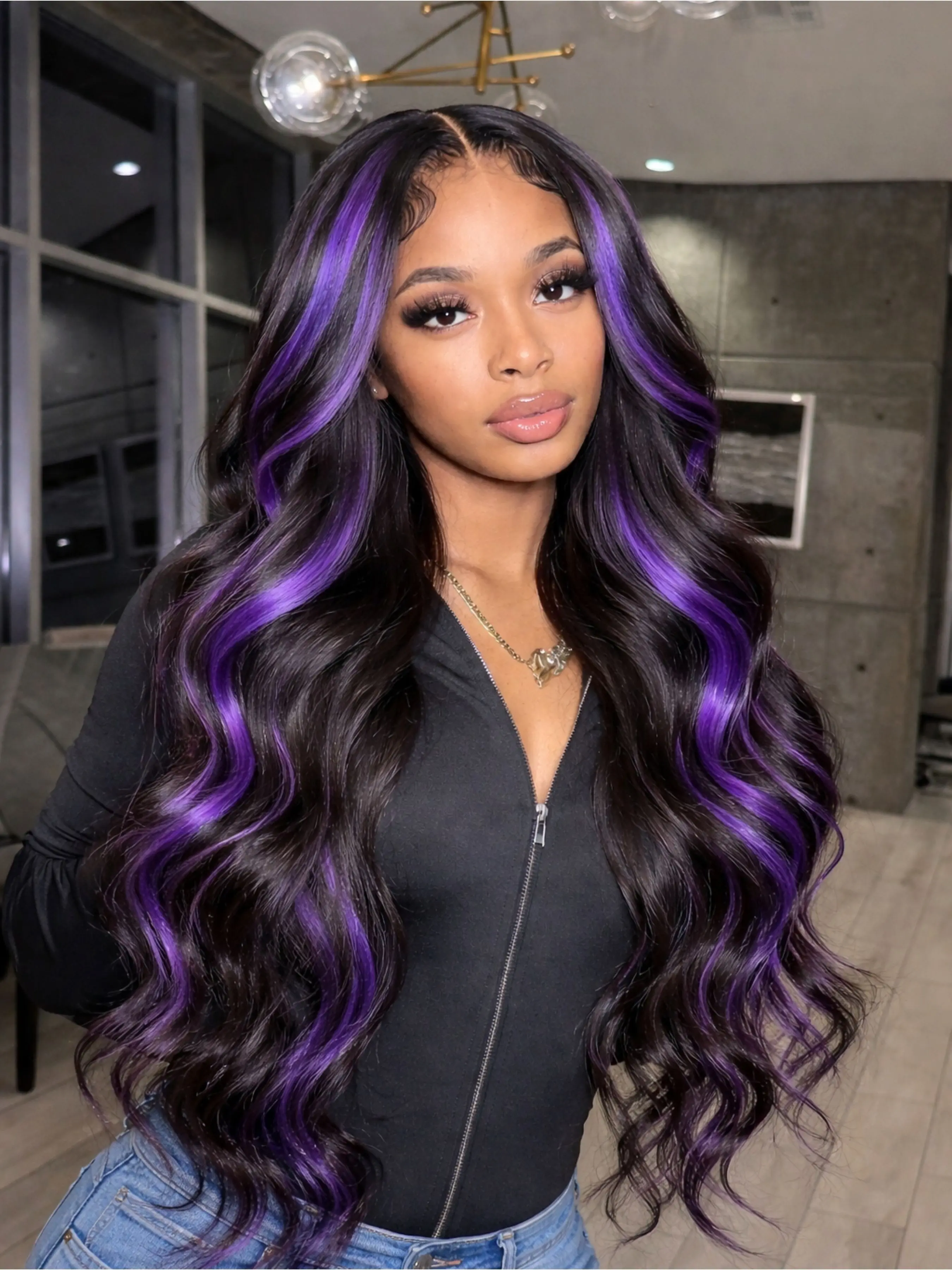 28" Black Body Wave Wig with Purple Highlights 13x4 HD Lace Front Pre-Plucked Hairline Heat-Resistant Synthetic Hair Free Parting for Women Party & Daily Wear Natural Looking Wigs HD Lace Frontal Body Wavy Wig