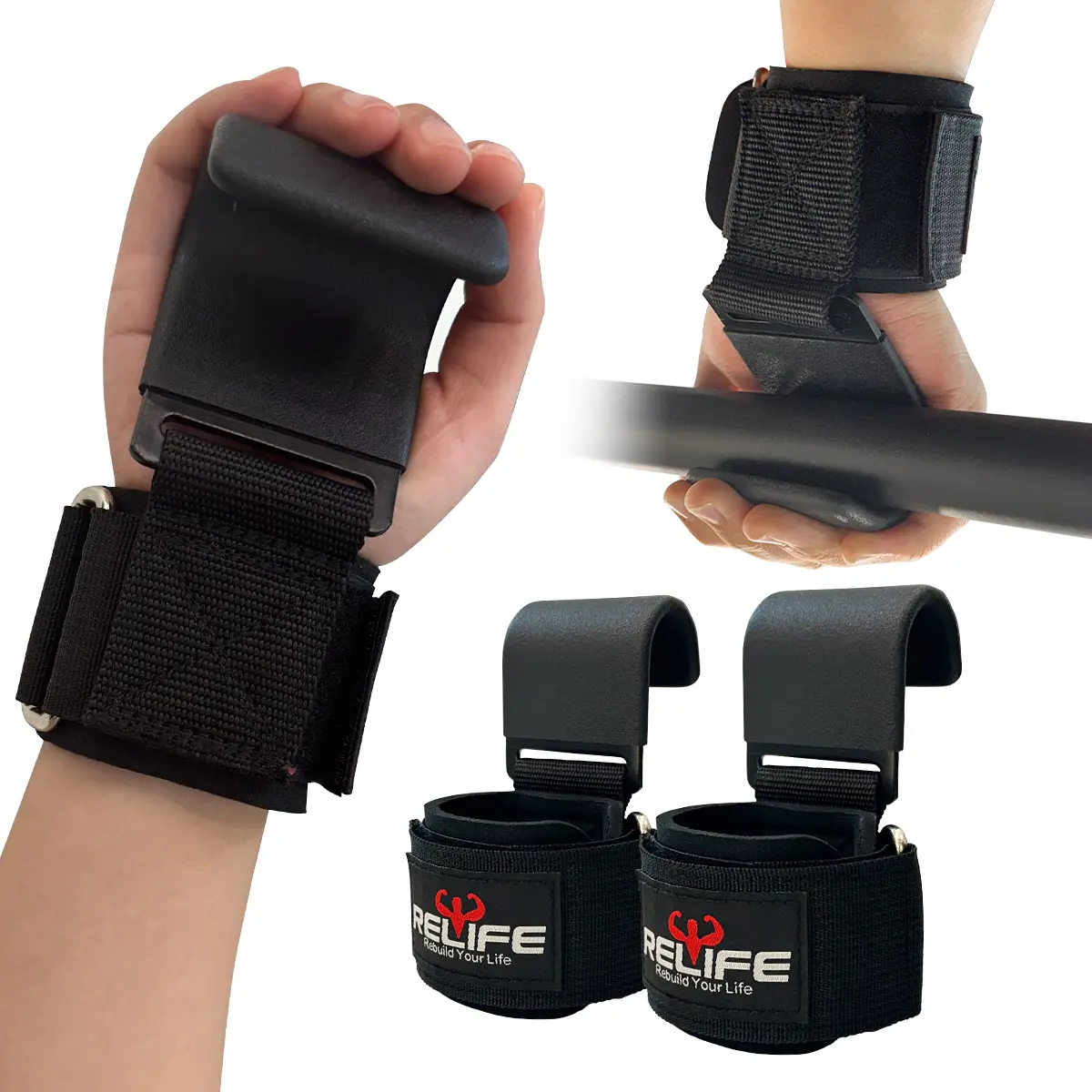 RELIFE Heavy-Duty Weightlifting Hooks (Pair) - Non-Slip Cotton Lifting Straps with Thick Padding, Reinforced Stitching, Adjustable Velcro Wrist Support, Enhanced Grip Support for Deadlifts, Rows, Fitness Enthusiasts, Home Gym Accessories
