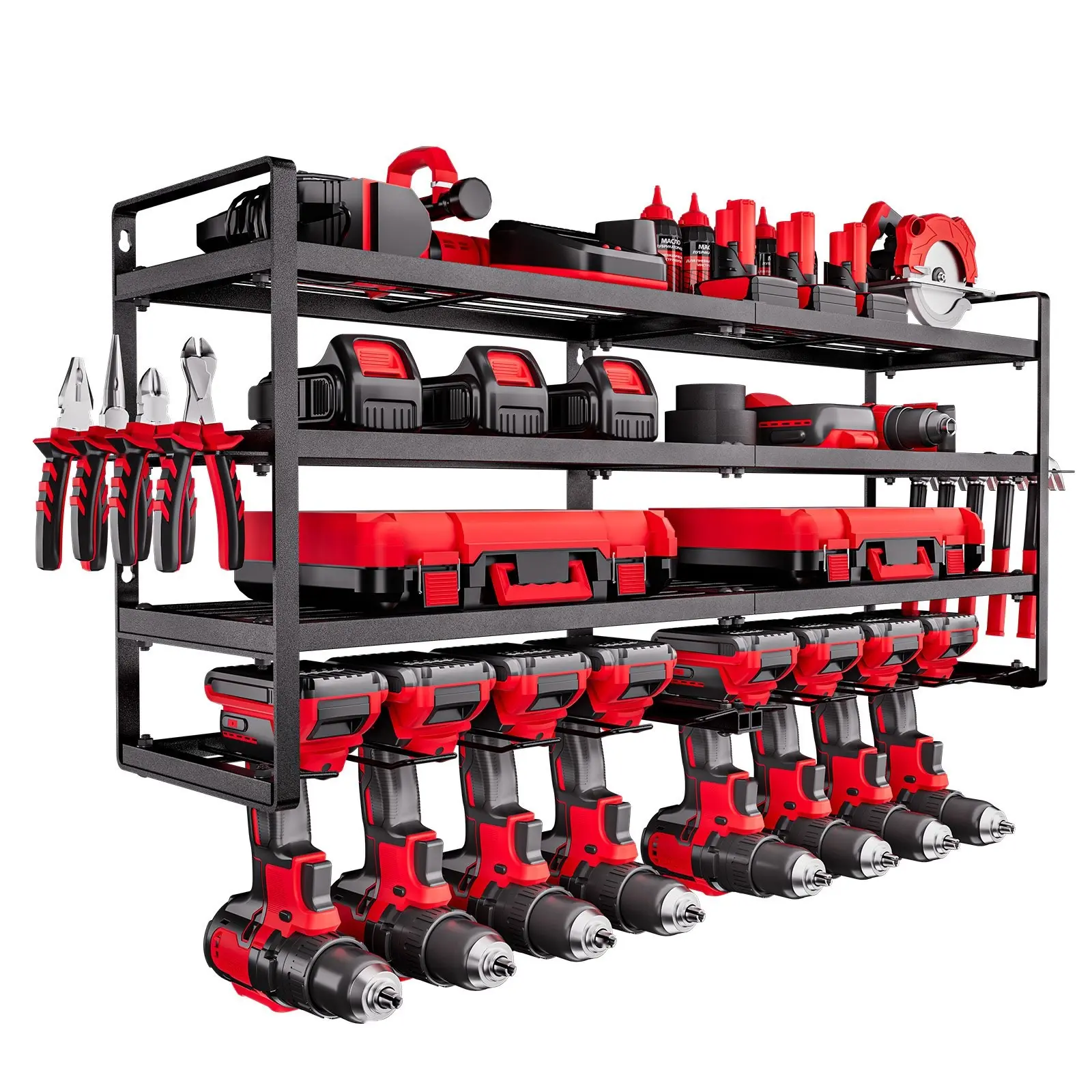 Power Tool Organizer Wall Mount, 4-Layer Storage Rack With 8 Drill Holders, Tools Holder And Storage Rack With Screwdriver Holder, Garage Tool Organizer For Garage, Workbench, And Workshop