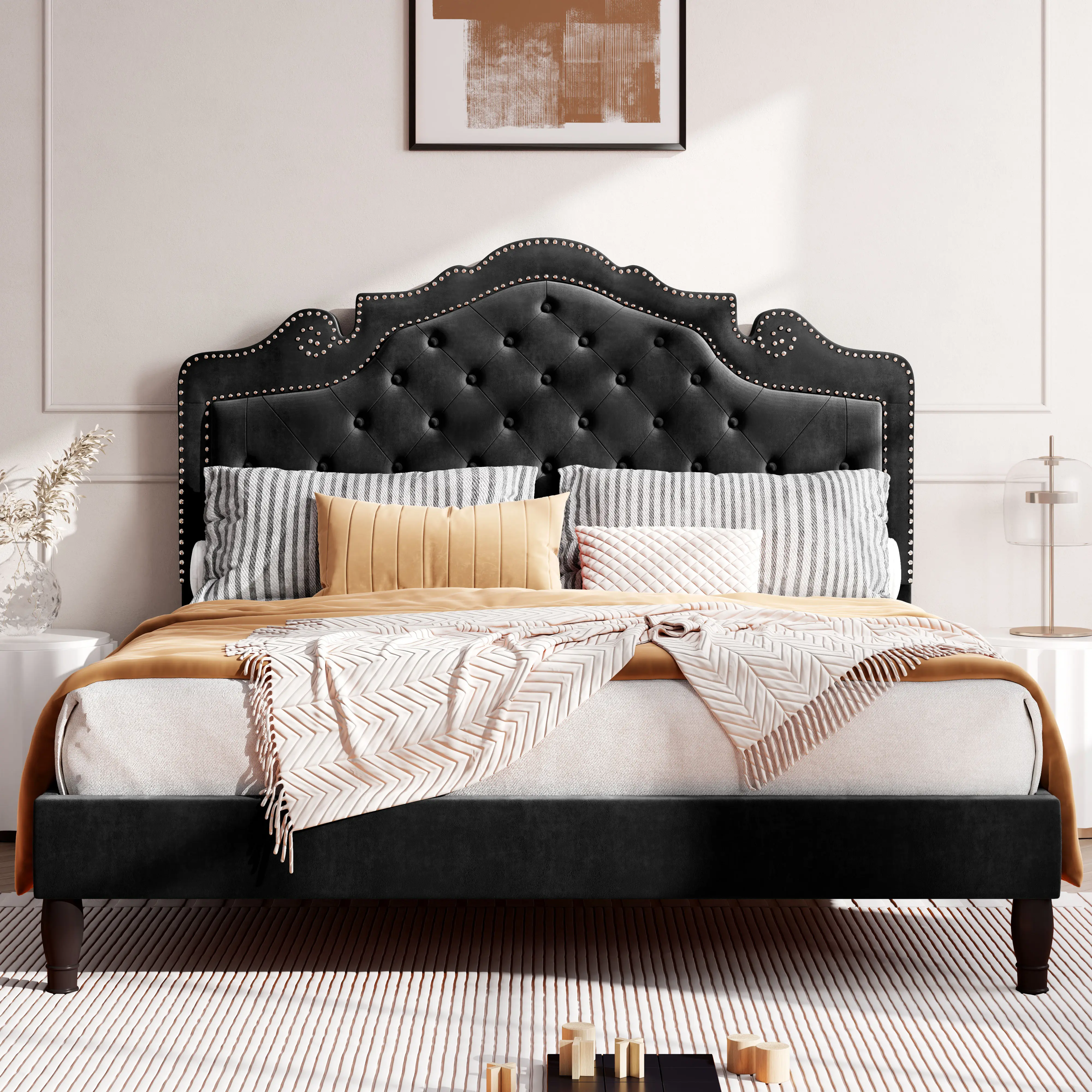 HOOMIC Full/Queen/King Adjustable Velvet Upholstered Bed Frame - 【Frame Only No Mattress】Diamond Button Tufted Tiara Headboard with Wood Slat Support, #TikTokShopDealsforYouDays#DealsforYouDays#Summervibes#Summergarden