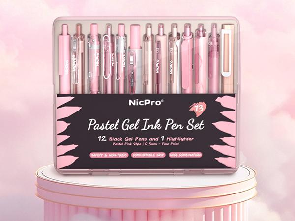 Nicpro 13Pack Pastel Gel Ink Pen Set with Case, Cute Retractable 0.5mm Fine Point Pen, 12 Pink Pens Black Ink with 1 Highlighter, Aesthetic Pens for Student Note Taking,Writing,Office Supplies (Pink)