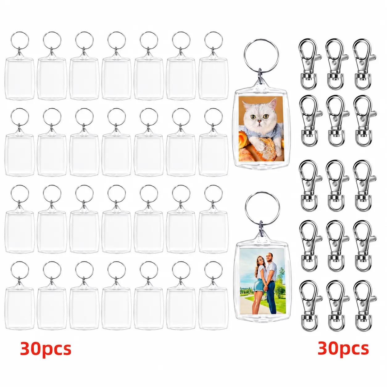 30PCS Clear Acrylic Photo Keychains with 30 Swivel Lobster Clasps, DIY Picture Keychain Blanks for Custom Photos, Crafts, Gifts & Accessories