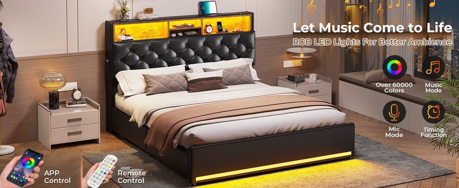 Sikaic Upholstered Platform Bed Frame with LED Lights & Charging Station Hidden Storage Headboard and 4 Drawers PU Black Bedroom Set Unique Bedroom Furniture Sikaic Upholstered Platform Bed Frame with LED Lights & Charging Station Hidden Storage Headboard and 4 Drawers PU Black Bedroom Set Unique Bedroom Furniture