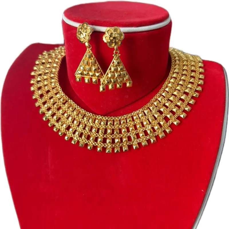 Women's 3-Piece Gold-Tone Metal Coating Geometric Choker & Drop Earrings Set, Elegant Costume Jewelry for Party Occasions, Female, Mini