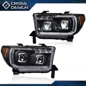 CROSSDESIGN LED Halo Projector Headlights Black Lamps Fit For 2007-2013 Tundra Sequoia