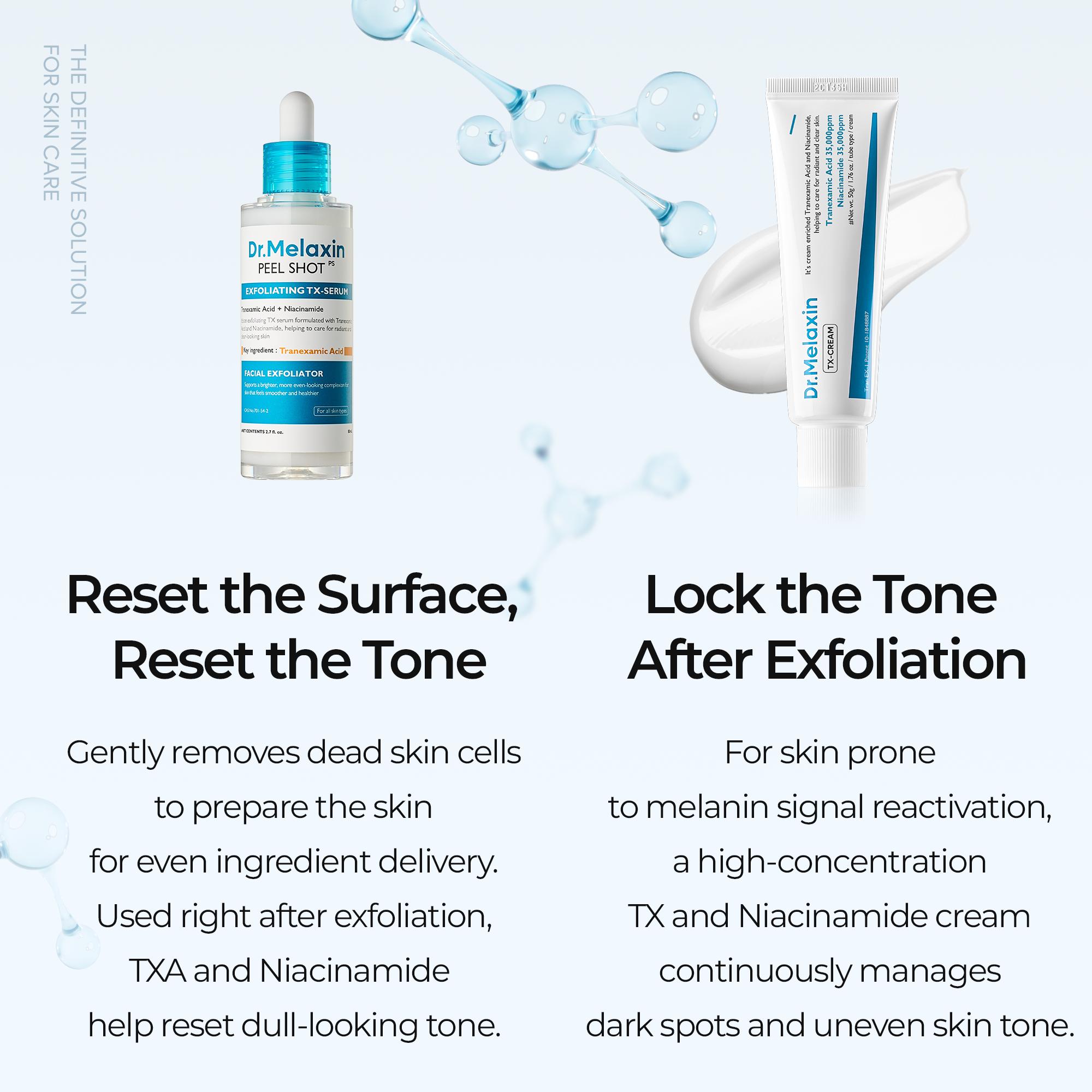 [Dr.Melaxin Official] Dark Spot & Uneven Tone Peel Shot TX Duo, Exfoliating Serum & TX Cream, Tranexamic Acid & Niacinamide Gentle Peeling for Dark Spot Care