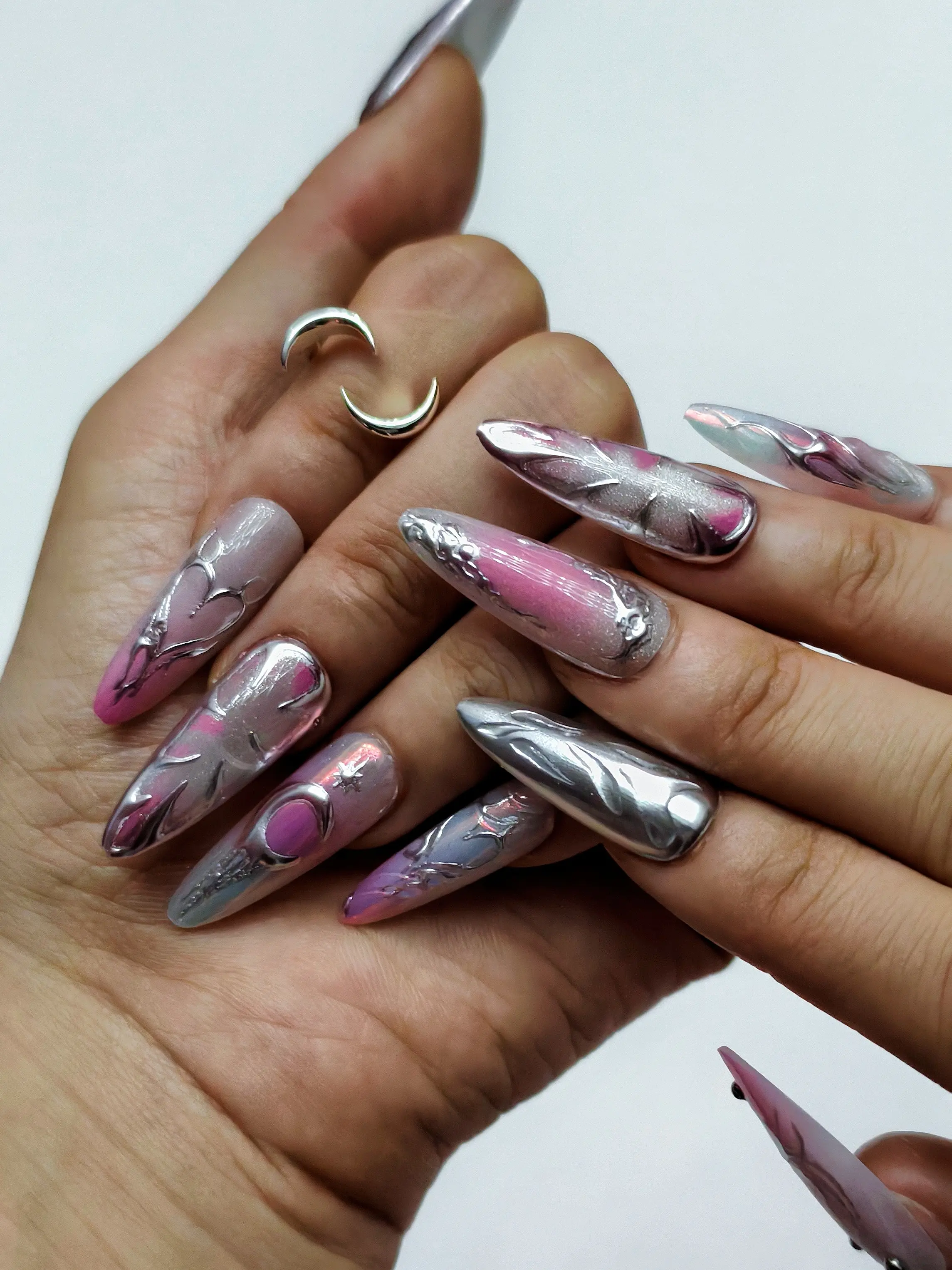 Cyber Pink & Silver Chrome 3D details Press On Nails | Popglow Nails | Reusable Nails Set | Easy to apply, comfortable, and long-lasting | Party, Date & Vacation Nail | Futuristic Y2K
