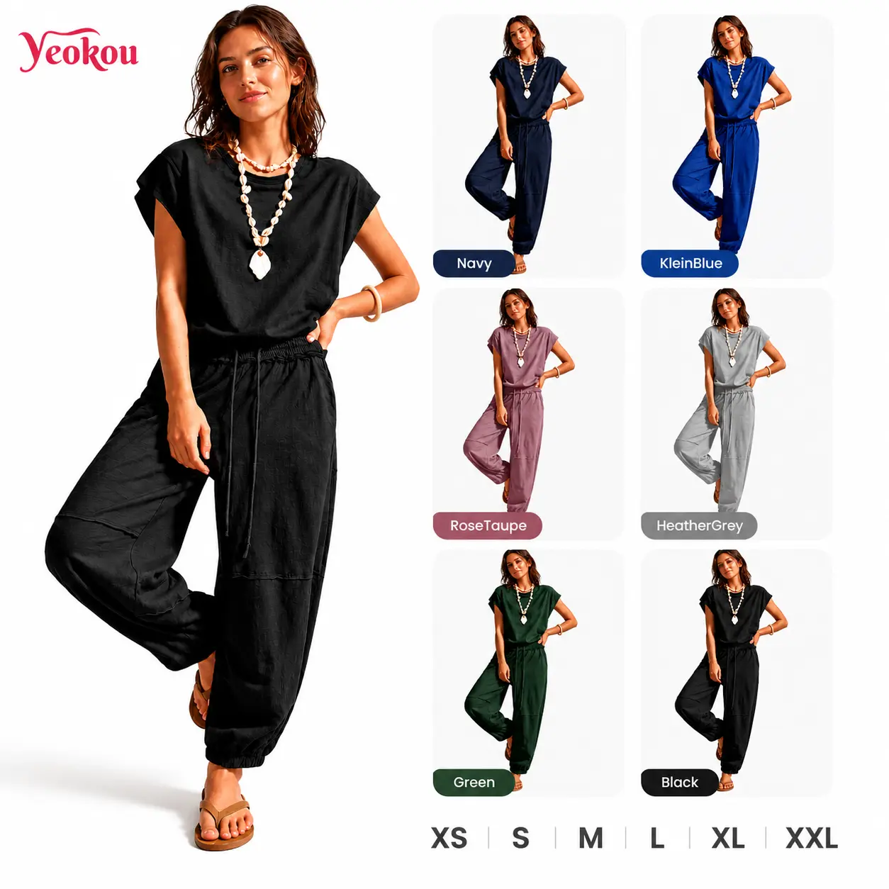 Yeokou Women's Casual Jumpsuit – Crewneck, Cap Sleeve, Drawstring Waist Romper with Pockets, One-Piece Outfit Cotton