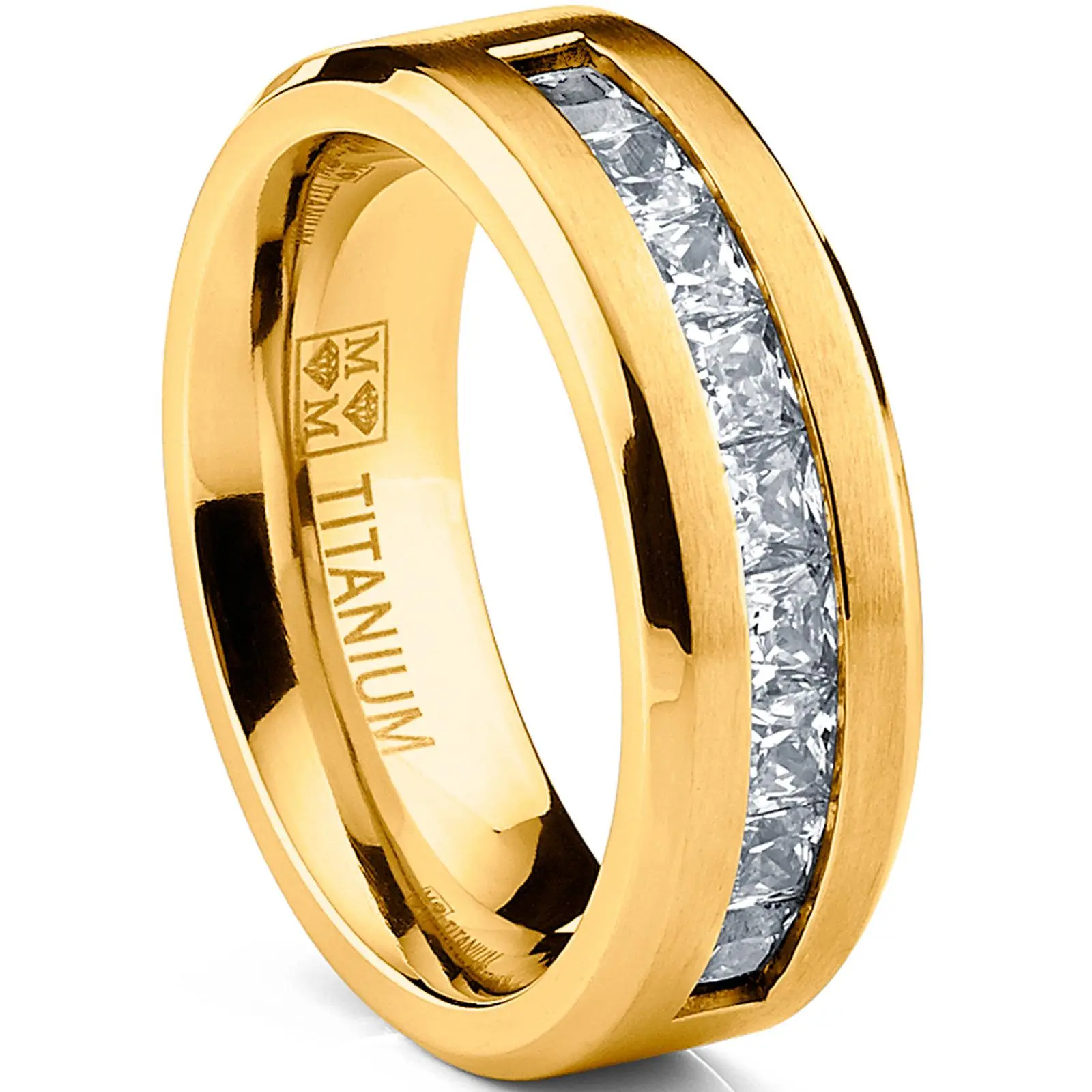 Men's Titanium Wedding & Engagement Ring with 9 Large Cubic-Zirconia, Goldtone Artificial Gemstone Jewelry, Rings