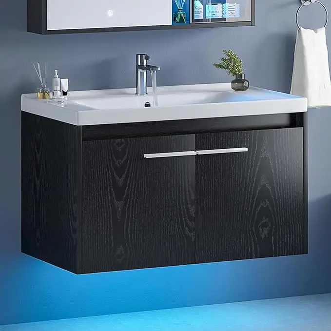 [SummerSale] HOMBCK 31" Black Bathroom Vanity with Sink, Wall Mounted Bathroom Sink Cabinet with LED Light, 2 Doors & Metal Handles #home essentials#back to school