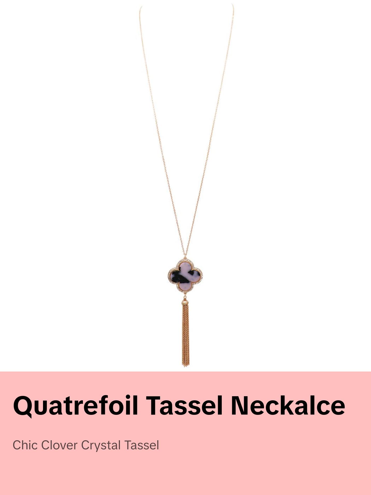 Lucite Quatrefoil and Rhinestone with Tassel Long Necklace (Black/White)