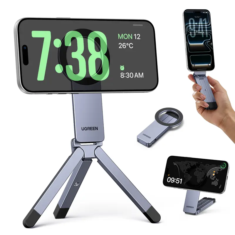 UGREEN Magnetic Smartphone & Cellphone Mount Holder - Compact Aluminum Foldable Pocket Tripod Stand, Strong Magnet, Fast Fold-Out Setup, Mobile Accessory for Content Creators, Travel, Compatible with iPhone 17/16/15/14/13/12 Series