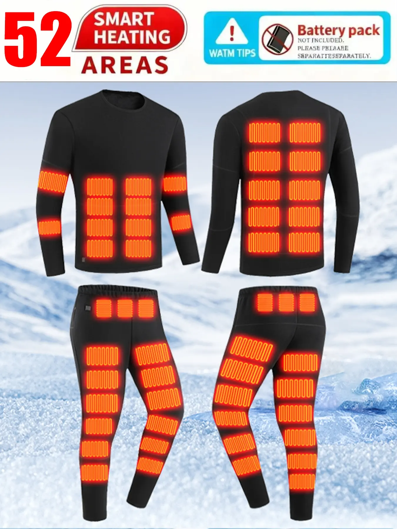 Power bank not included, only the set sold.Unisex inner smart heating set with 52 heating zones: crew neck long-sleeve top + high-elastic waist pants.Heating works only when connected to a power bank.