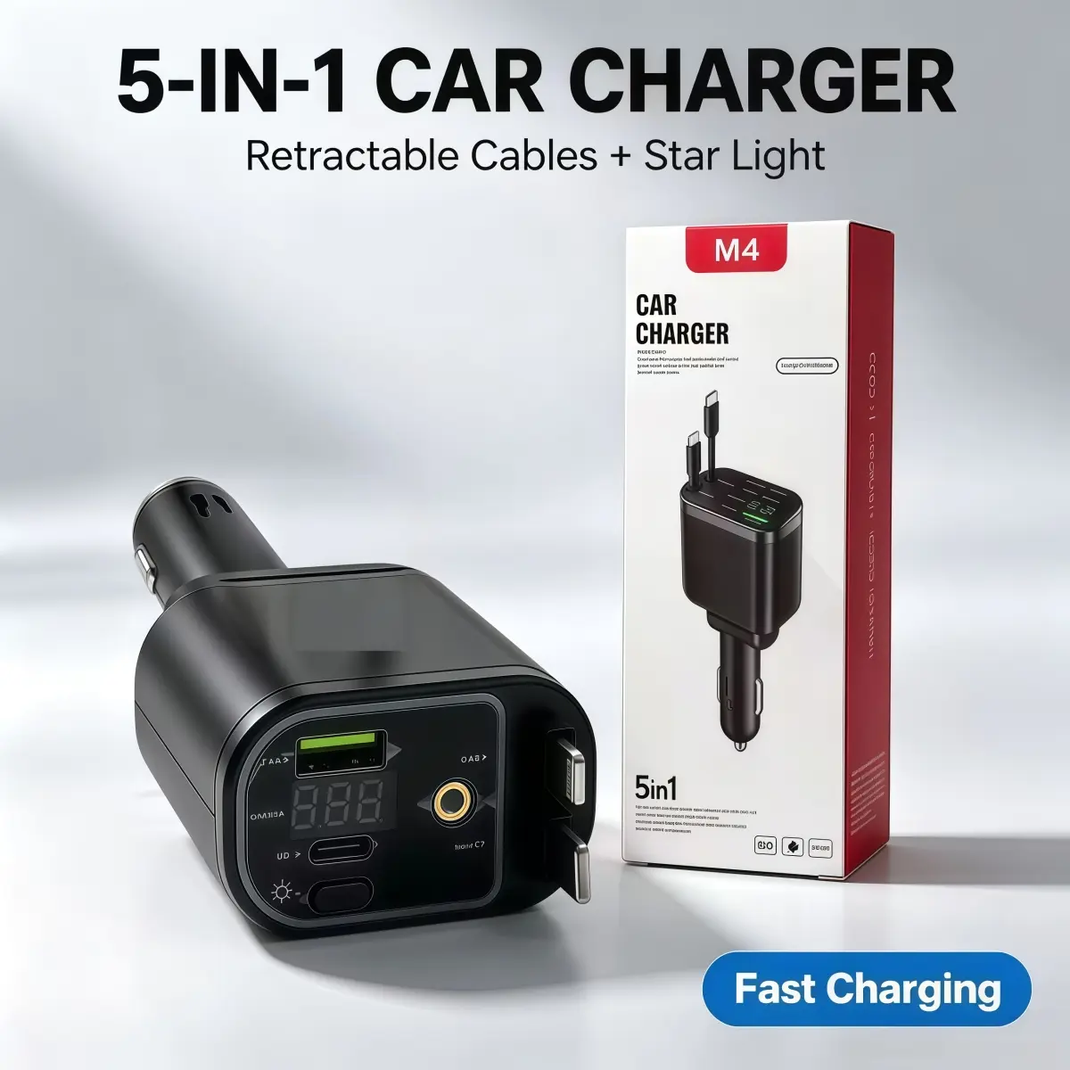 5-in-1 Retractable High-Power Fast-Charging Car Charger, with Built-in Starry Sky Projector, Digital Voltage Display, and USB Car Adapter; Multi-Port Fast-Charging Car Charger for iPhone and Android Devices