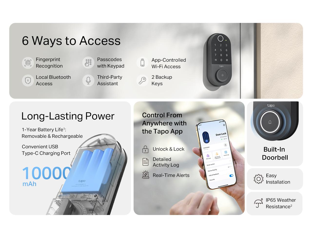 TP-Link & Tapo DL110 Smart Door Lock｜6 Ways Unlock｜1-Yr Battery｜IP65 Stormproof｜Built-in Doorbell｜Scheduled Access｜BHMA Grade 2
