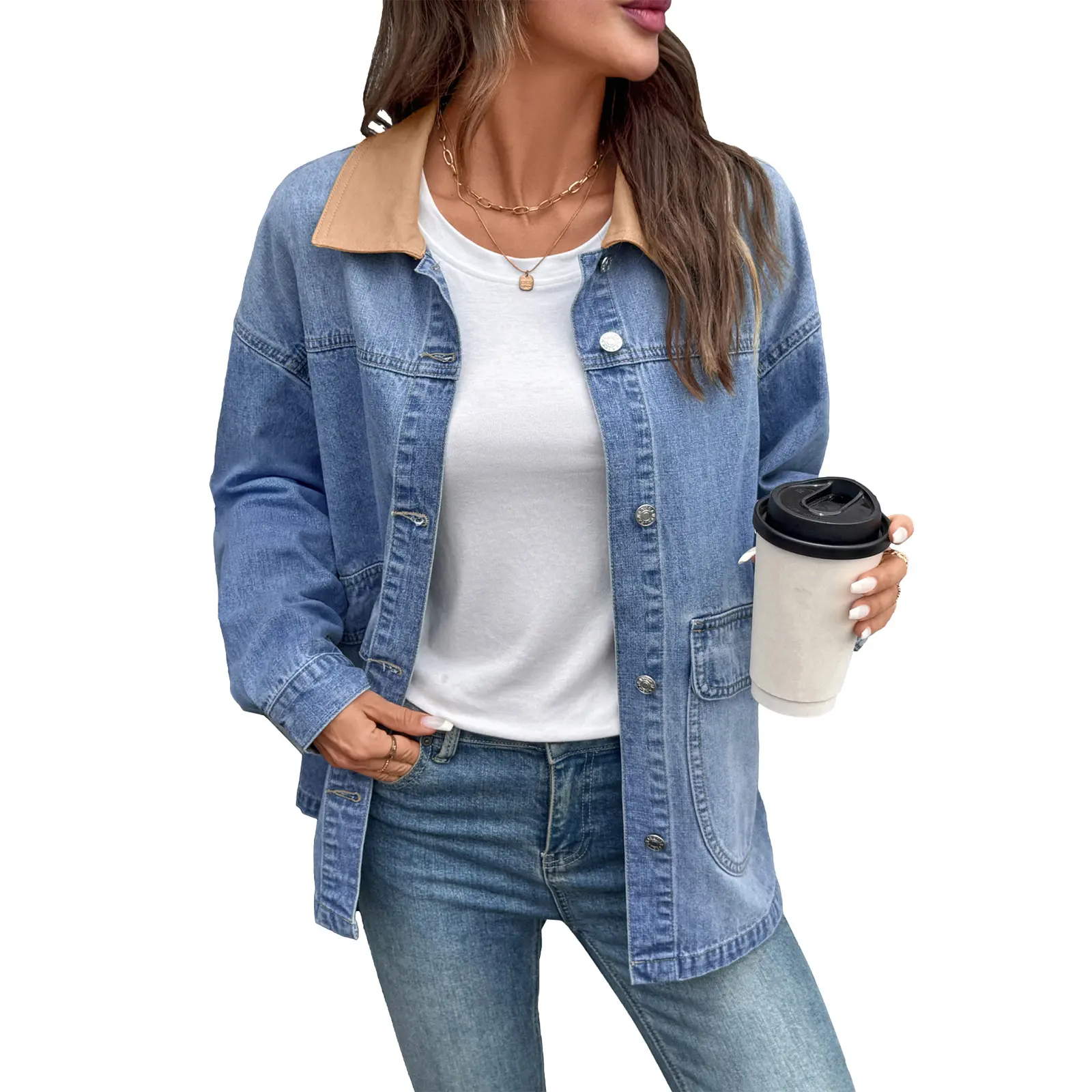 EVALESS Fall Denim Jacket for Women,Lady Plain Loose Fit Cotton Jeans Jacket,Lapel Long Sleeve Button Down Lightweight Coats,2026 Fashion Outerwear Womenswear Fall Winter Outfits  Deals For You Days summer outfits