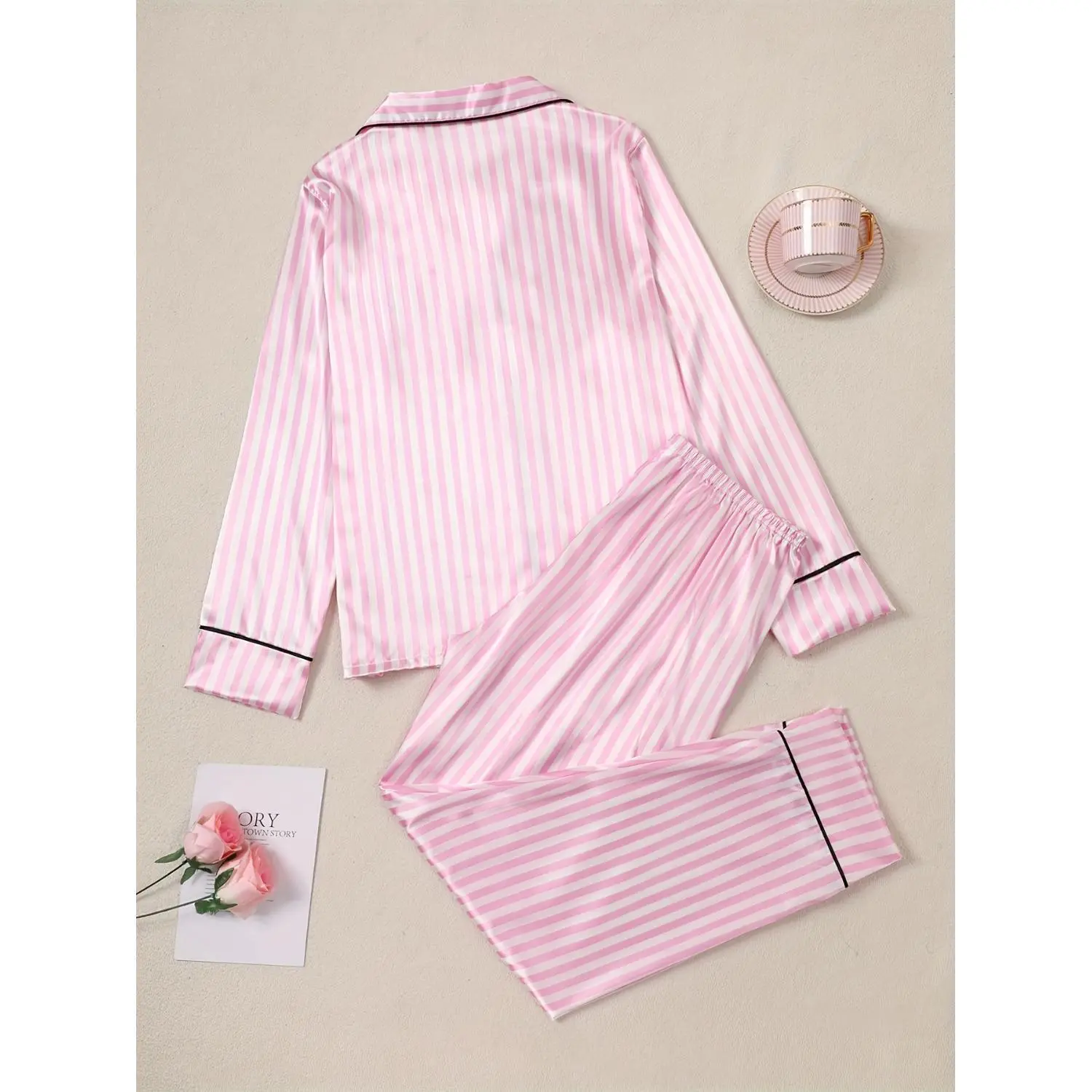 Open-Stye Women'S Pajamas Striped Print Comfortable Long Sleeve Pajama Top And Pants Set, Long Sleeve Button-Up Collar Top And Pants, Comfortable Casual Fit, Suitable for Autumn