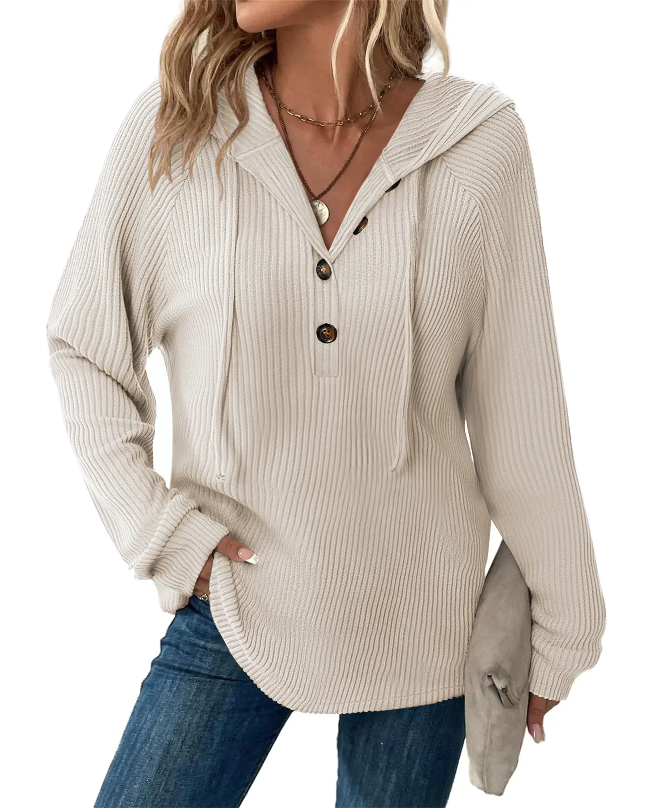 RIROW Womens Tops Long Sleeve Fuzzy Rib Sweaters Drawstring Hoodies S-3XL