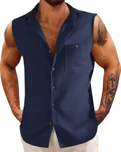 Runcati Men's Linen Sleeveless Shirts Button Down Beach Tank Top Basic Solid Shirt Vest with Pocket