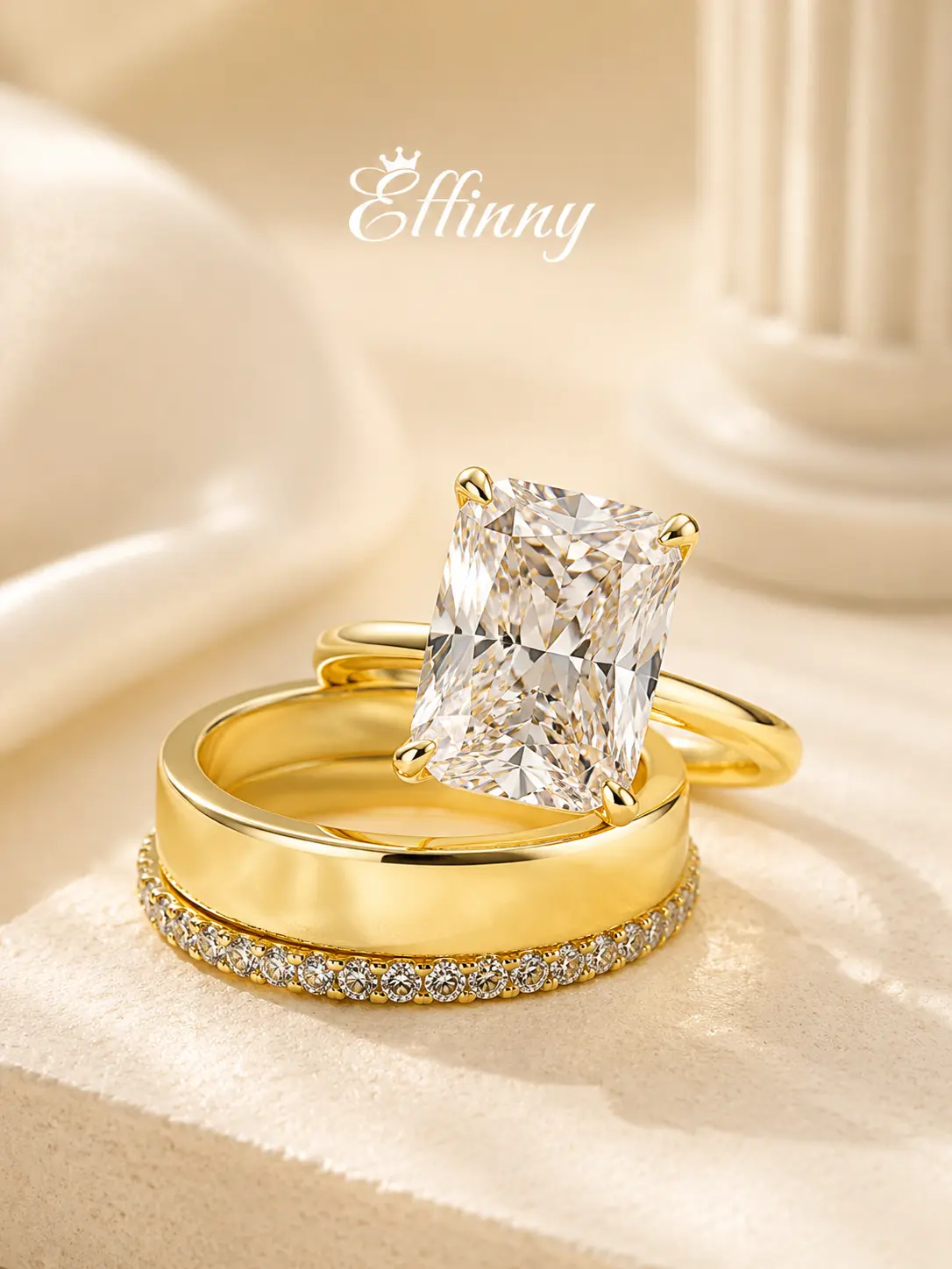 Effinny 14K Gold Plated 3-Piece Non-tarnish 4.0ct Radiant Cut Women’s Wedding Ring Set with Wide Band, Waterproof CZ Luxury Fashion Bridal & Anniversary Jewelry for Party, Travel-friendly