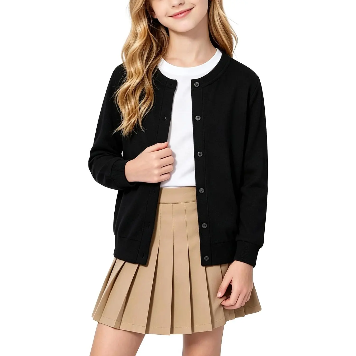 Girls Cardigan Sweater Knit Long Sleeve School Plain Tops 4-12Y | Button Uniform Crewneck Cozy Cute Sweaters Outwear Casual Lightweight Layering Basic Solid Clothes For Little Kid Teen girl