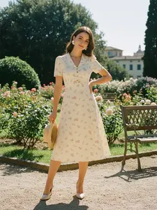 PURE COTTON BEIGE 1940S PUFF SLEEVES FLORAL DRESS Casual Womenswear Cute Summer Fitted Vneck Shortsleeve