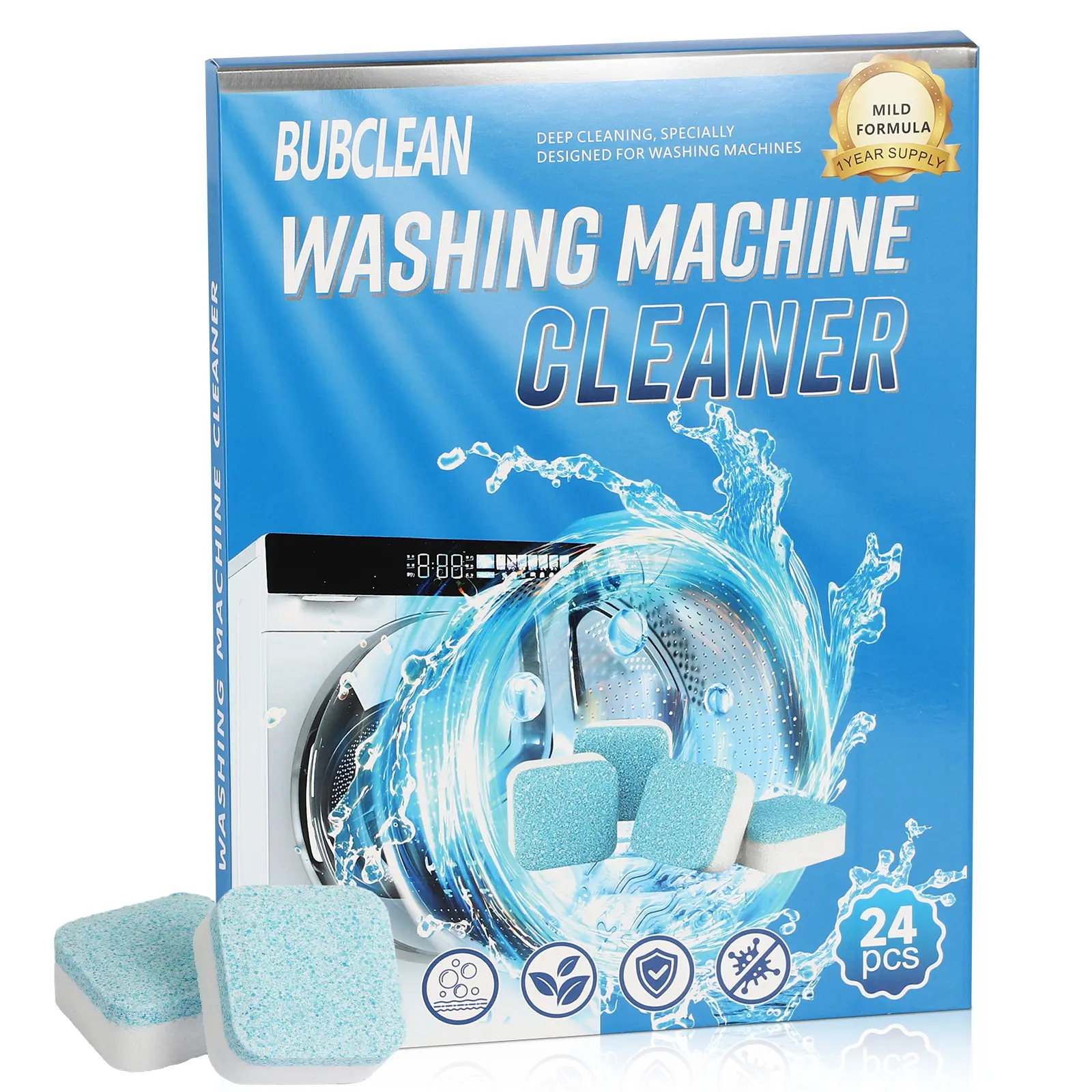 BUBCLEAN Washing Machine Cleaner Tablets 24 Pack - Powerful Descaler for HE Front/Top Load Washers,  Deep Cleaning, Eco-Friendly Deodorizer, Cleans Drum & Seal