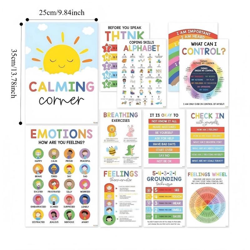 12 Pcs Preschool Mental Health Posters – Laminated Feelings Wheel & Emotion Regulation Charts (10x14) | Calm Corner Decor for Home, Classroom & Therapy Office | SEL Wall Decor to Help Kids Manage Big Feelings