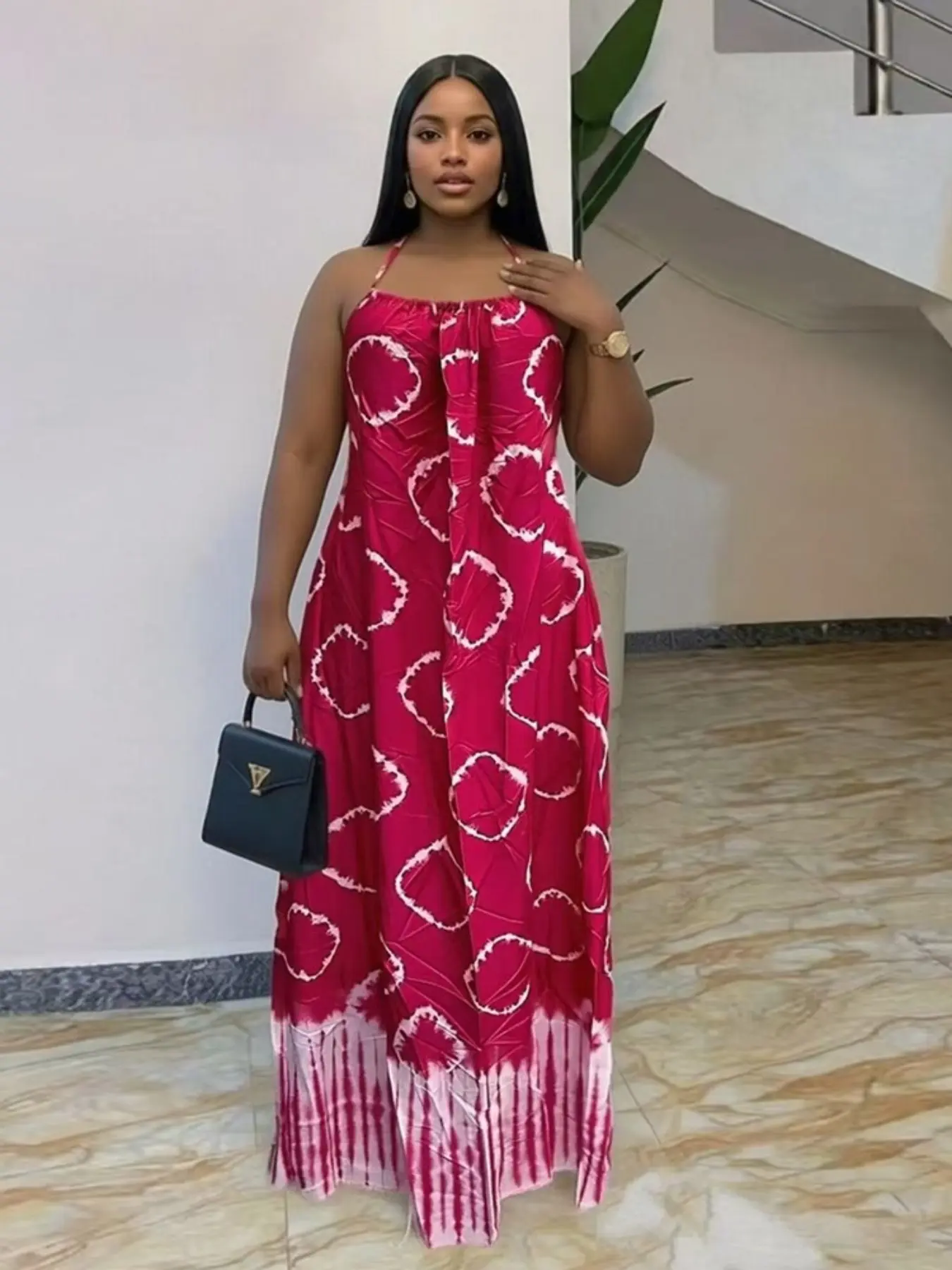 Plus Size Women's Sexy Elegant Summer Halter Ethnic Print Waist Cinch Loose Dress, Beach Party Dress, Elegance