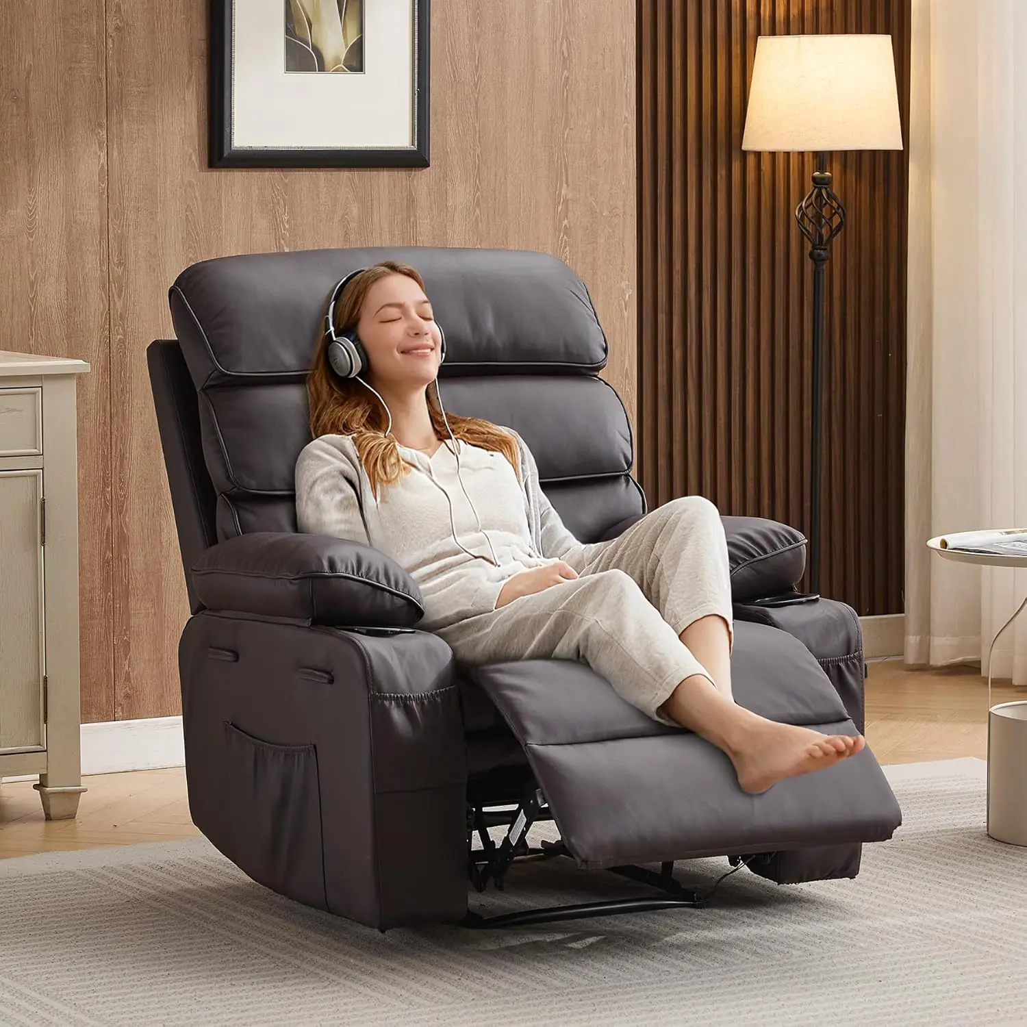 Dark Brown PU Leather Extra-Wide Manual Recliner Armchair for Adults - Ergonomic, Massage & Heat Functions, 1.5X Sponge Comfort Arm & Back, Adjustable Backrest Loungers with Dual Motors, Cup Holder, Built-In Side Pockets for Living Room, Ergonomic Recline
