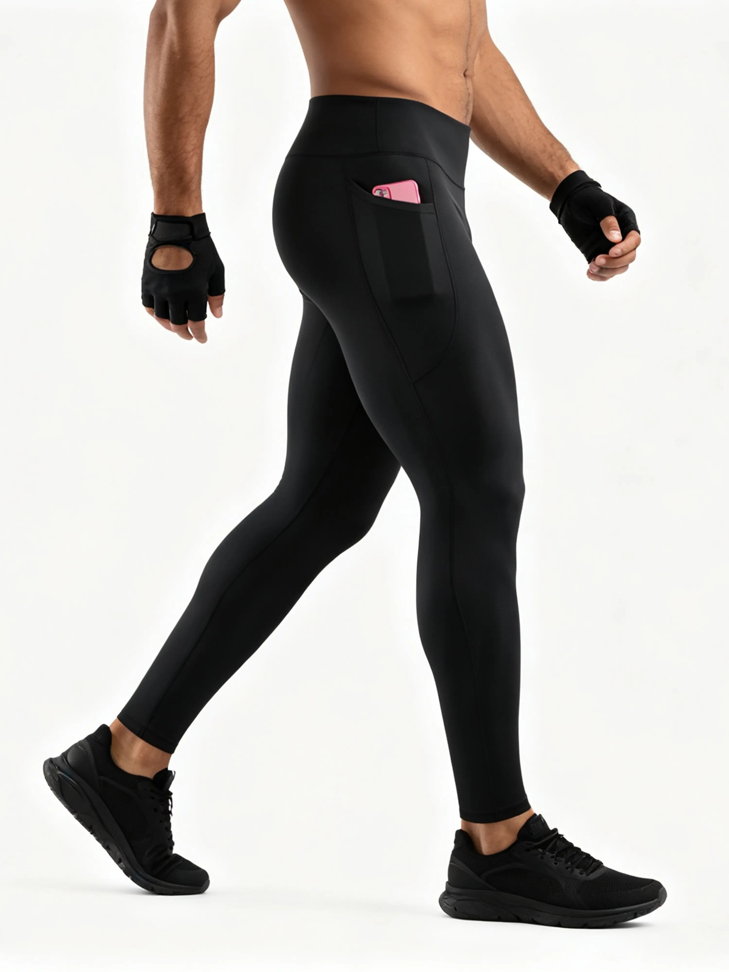 NELEUS Men's Thin Fleece Compression Pants with Phone Pocket, High Waist Running Tights for Fall & Winter Gym
