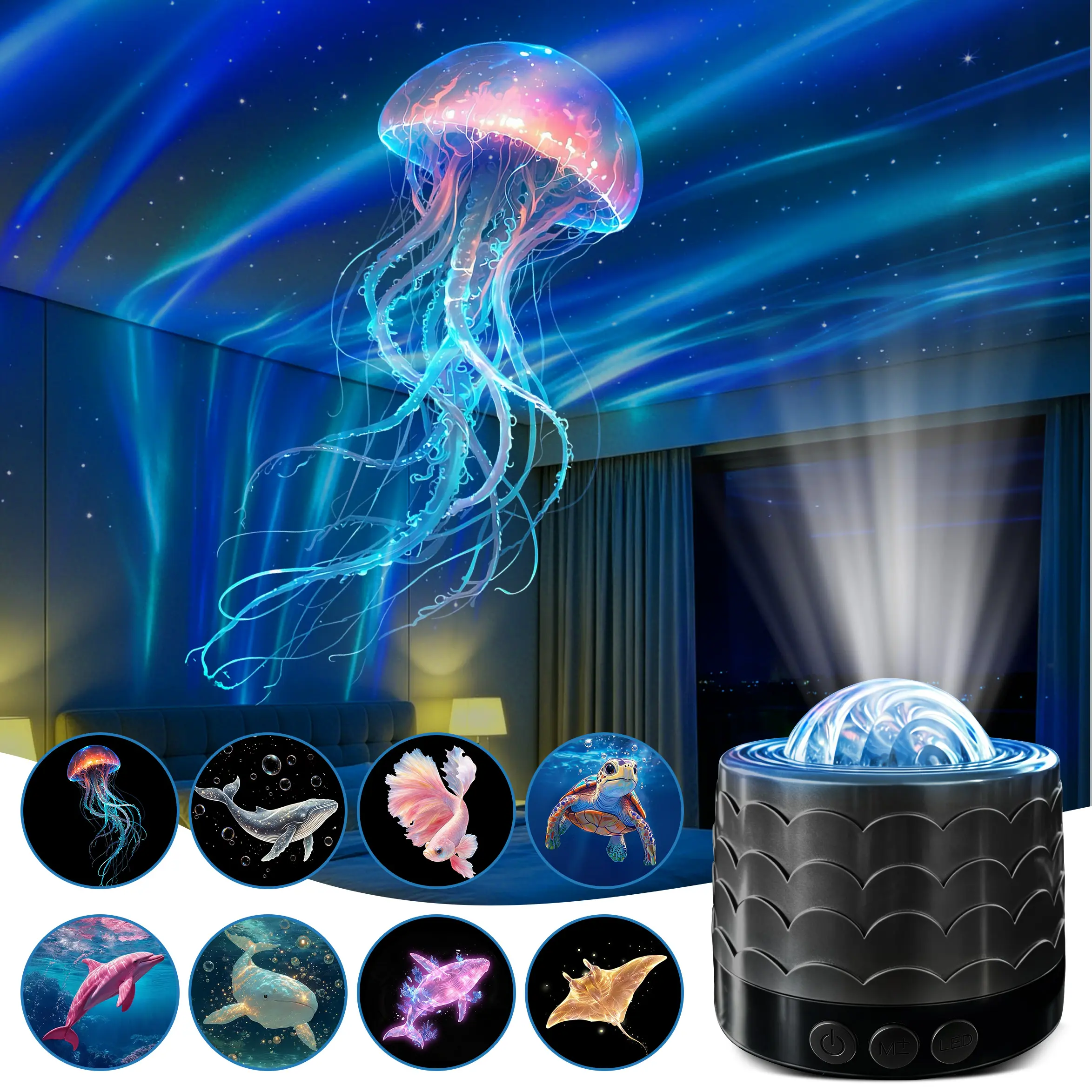 8-In-1 Multifunctional Ocean Theme Projector Lamp, Dynamic Ocean Wave Projection Light With 15 Adjustable LED Color Modes, Realistic 3D Water Ripple Light Effect, Romantic Ambient Decor Lighting, Soft Dimmable Night Light Ideal For Bedroom, Bathroom