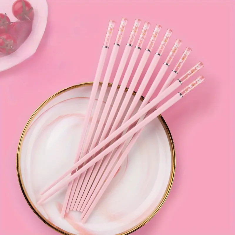 5 Pairs Of Pink Alloy Chopsticks With Cherry Amber, Reusable For Home Dining, Chinese And Korean Style Tableware, Kitchenware, Utensils, Fast Food, Noodles, Sushi Sticks, Ramen Chopstick