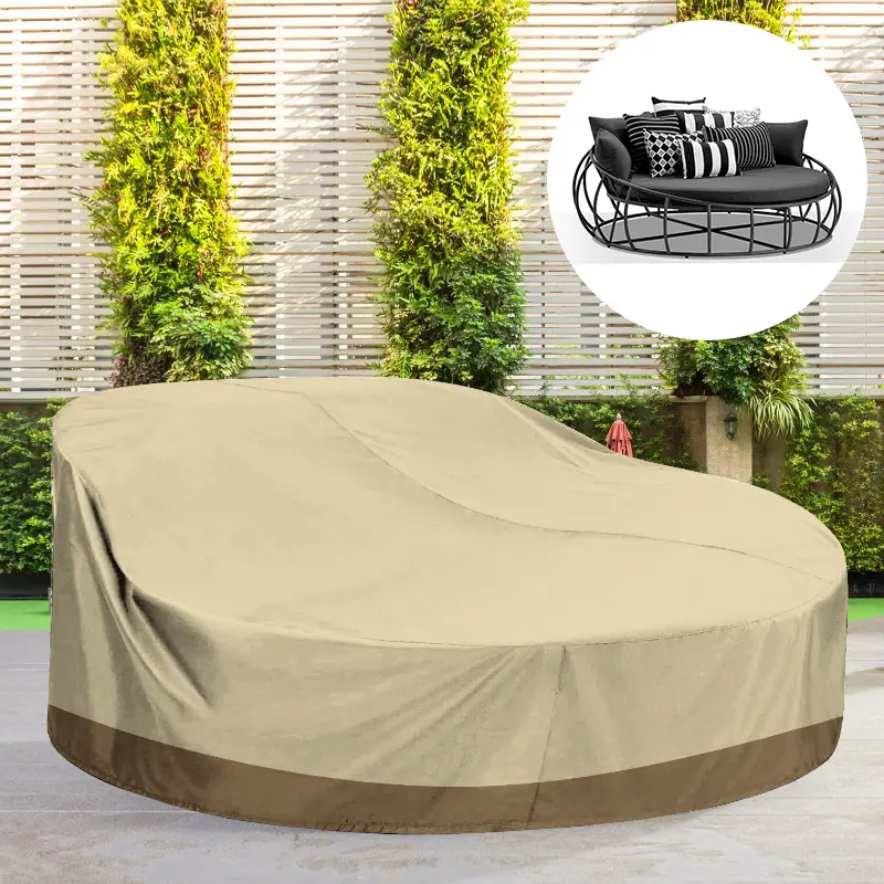 SunPatio 88" Round Heavy-Duty Polyester Outdoor Furniture Daybed Cover - Beige+Green, All-Seasons Water-Resistant Canopy Sofa Protector, Portable, Elastic Edges, Secure Fit, 25*25*7cm Foldable Rain Cloth, Versatile Addition