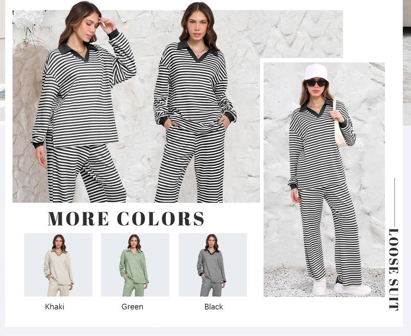 GUNEST Women's 2-Piece Sweater Suit Set Loose Fit V-Neck Knit Top & Wide-Leg Trouser Pants Casual Striped Clothes for Everyday Wear Longsleeves Gamis GUNEST Women's 2-Piece Sweater Suit Set Loose Fit V-Neck Knit Top & Wide-Leg Trouser Pants Casual Striped Clothes for Everyday Wear Longsleeves Gamis