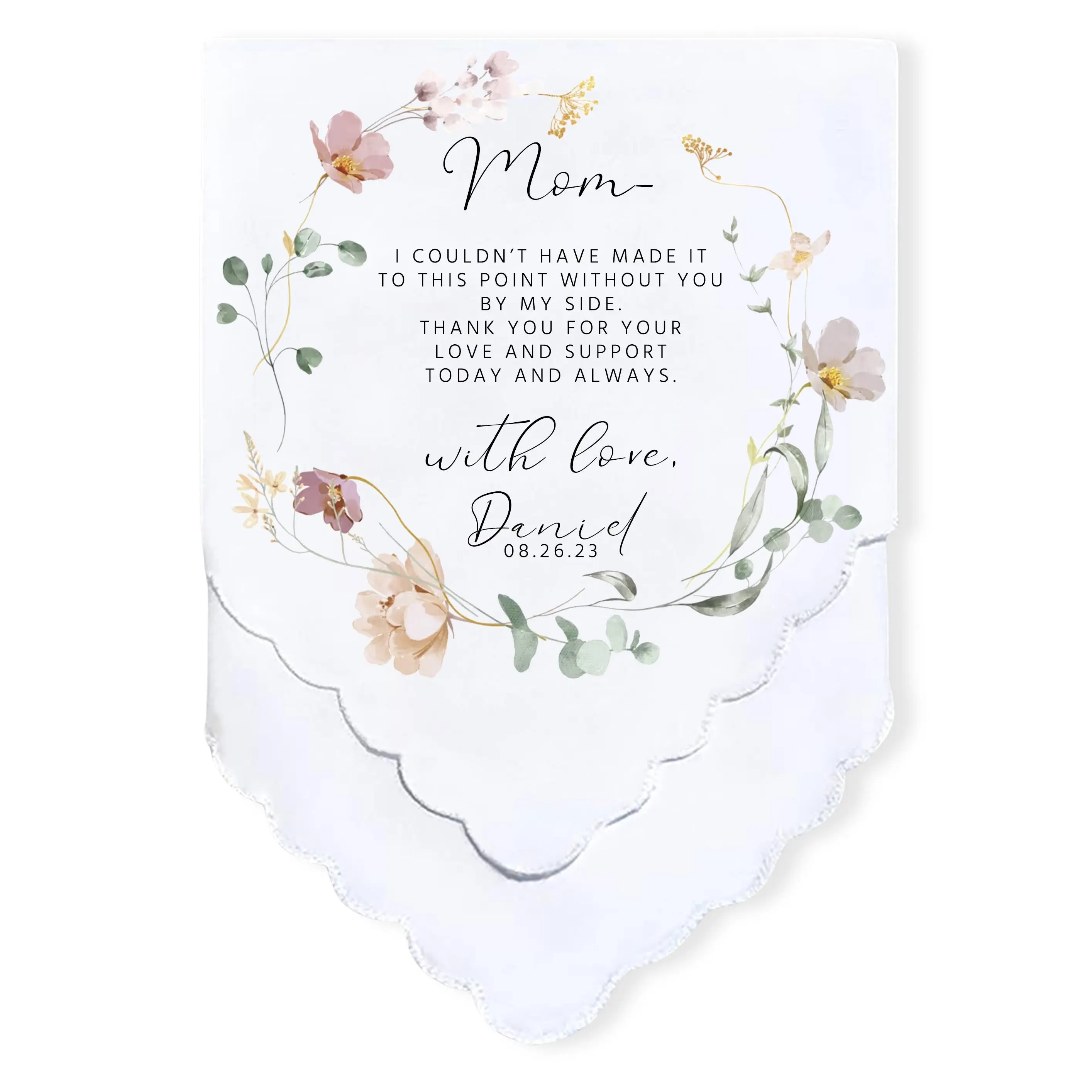 Personalized Wedding Handkerchief | Heartfelt Gift for Mother of the Bride Gifts | Thoughtful Customized Gift | Mother of the Bride Handkerchief | Custom Gift Keepsake for Mom | Spring Floral Wreath