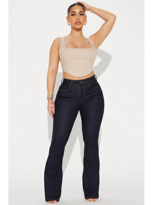 Milana Sculpting Stretch Flare Jeans - Dark Wash, 5 Pocket, 10.5" High Rise, 34" Inseam, High Stretch, 70% Cotton, 28% Polyester, 2% Spandex