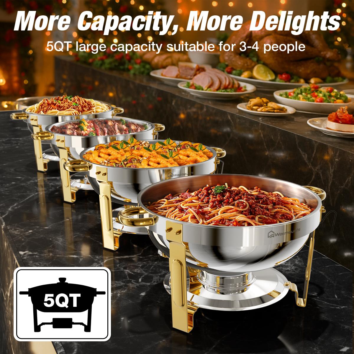 WARMOUNTS Chafing Dish Buffet Set, Glass Lid 5QT 2/4/6 Pack Gold Accent Stainless Steel Chafers and Buffet Warmers Sets with Lid & Lid Holder for Parties Catering Events Weddings Banquets
