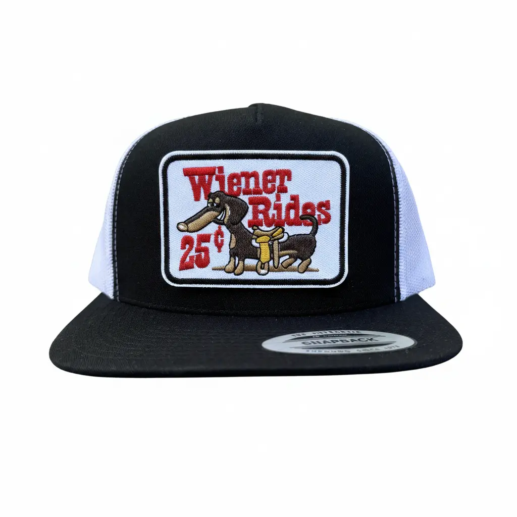 Wiener Rides Snapback Trucker Hat Mesh Back Yupoong 6006 Adjustable Back Five Panel
