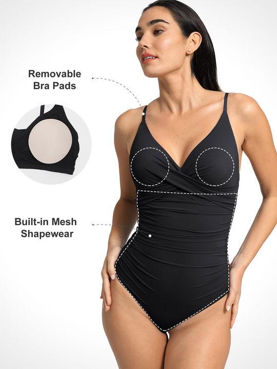 Popilush Ruched Cross-Front One-Piece Swimsuit Shapewear with Tummy Control Adjustable Straps High-Waisted Bathing Suit for Pool Beachwear