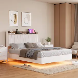 Garvee - King Floating Bed Frame with LED Lights and USB Charging Station, Modern Upholstered Platform with Headboard, Solid Wood Slat Support, No Box Spring Needed, Easy Assembly, Noise-Free