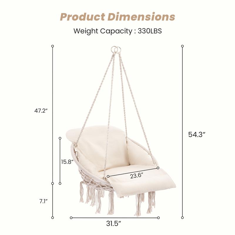 Single Hammock Chair with 2 Cushions, Hammock Swing, Macrame Hammock with High Load-Bearing Metal Rod, Indoor＆Outdoor